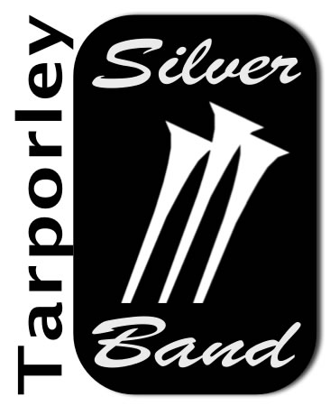 Tarporley Band Logo. Three upward pointing trumpets with Tarporley Silver Band printed. Monochrome image