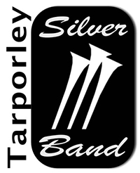 Tarporly Band Logo. Three upward pointing trumpets with Tarporley Silver Band printed. Monochrome image